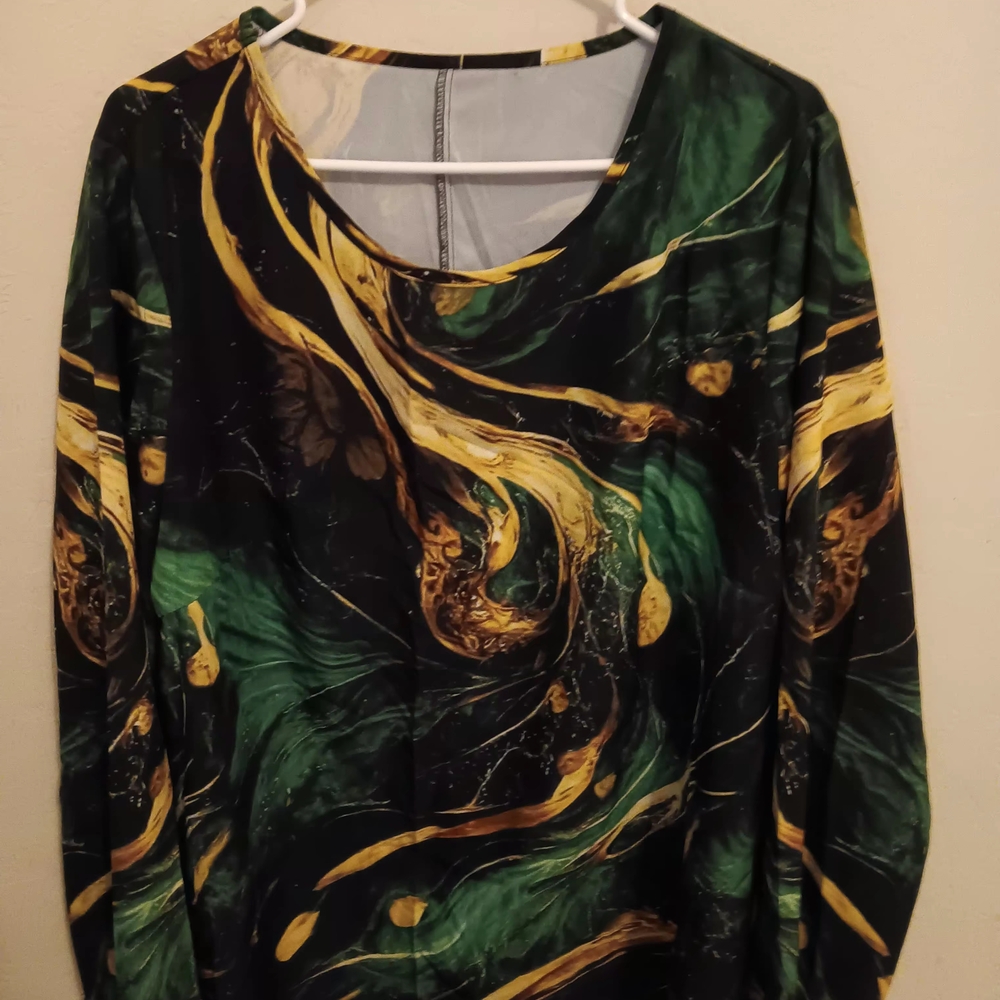 Unbranded Blouse Women’s Sz XL Teal Aqua Emerald Green Abstract Marble EUC